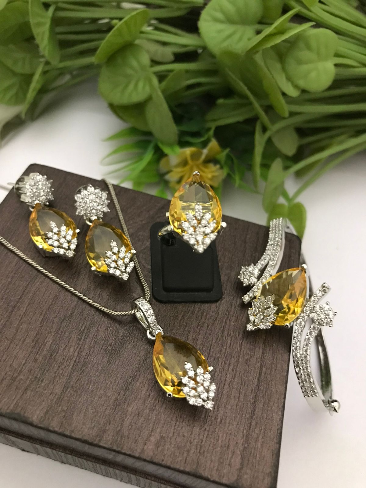 Yellow CZ Jewelry Set - Necklace, Earrings, Ring & Bangle