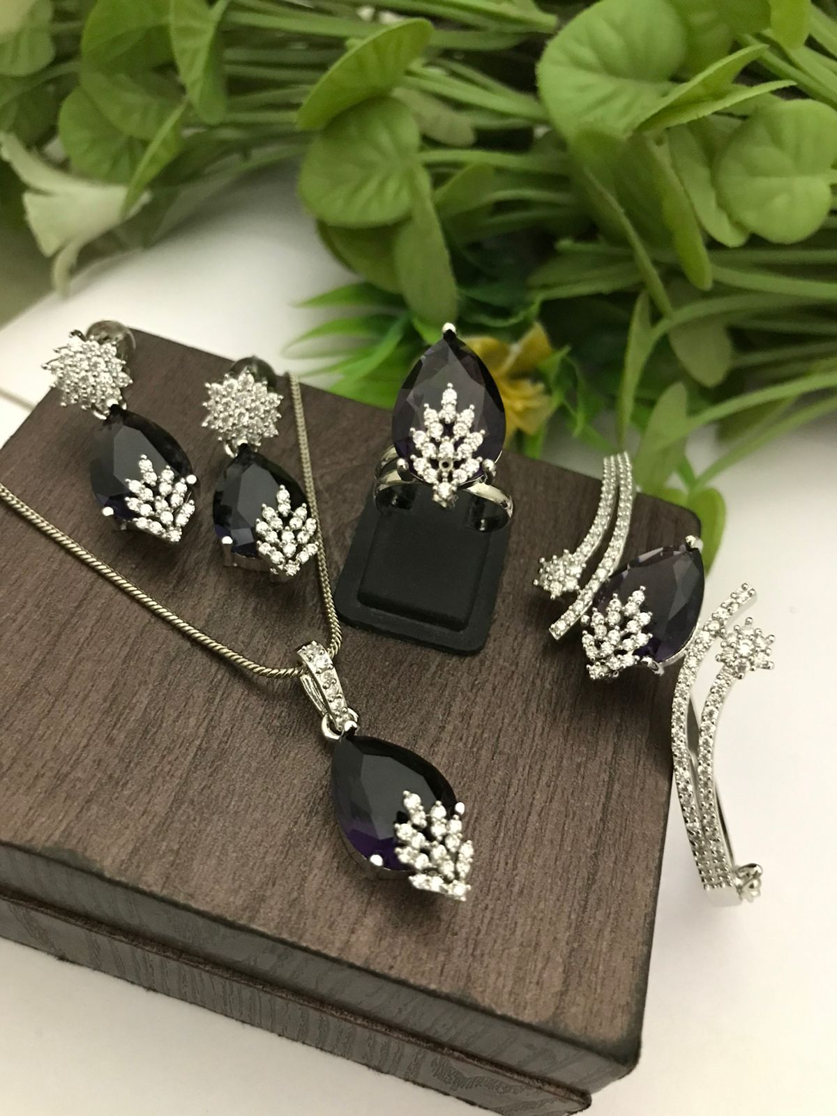 Black CZ Jewelry Set - Necklace, Earrings, Ring & Bangle