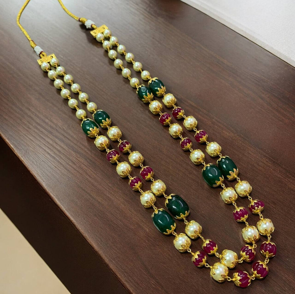 Best Ruby emerald with pearl double line mala with rajwadi look caps