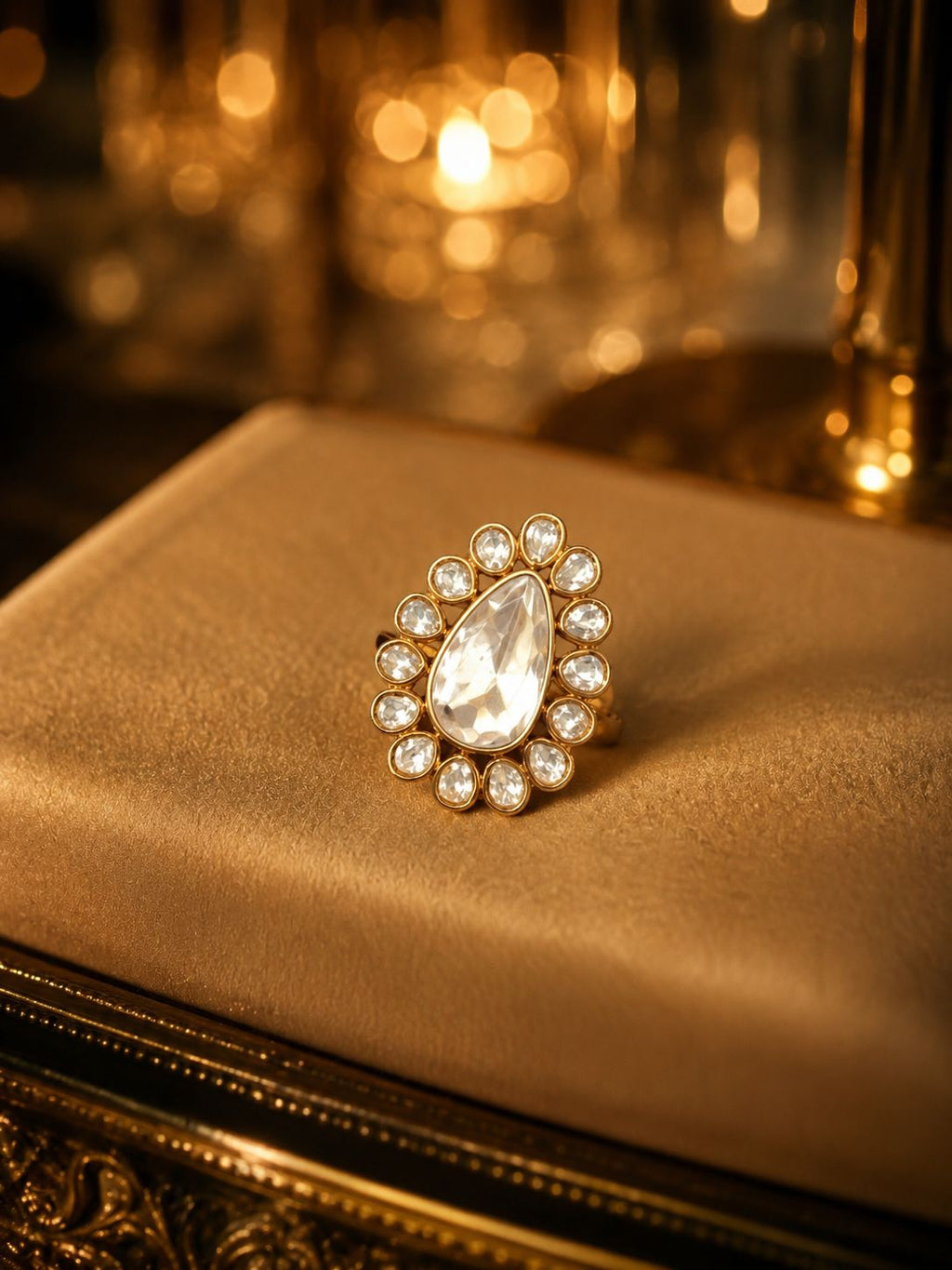 Pear Polki Kundan Ring | Gold Halo Uncut Diamond Cocktail Ring