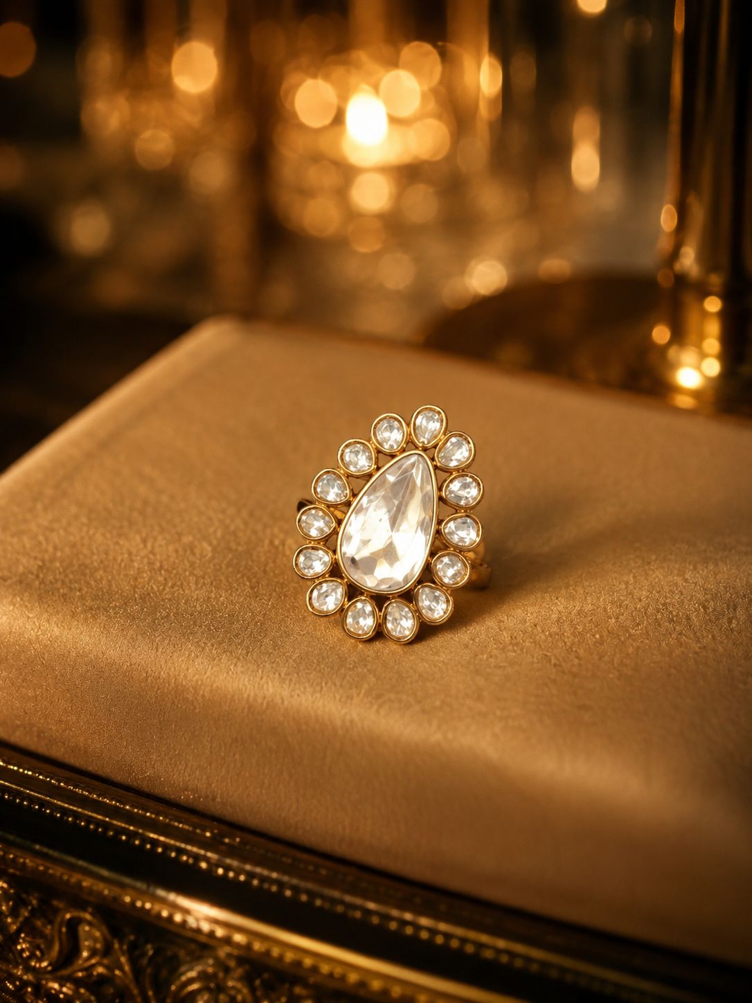 Pear Polki Kundan Ring | Gold Halo Uncut Diamond Cocktail Ring