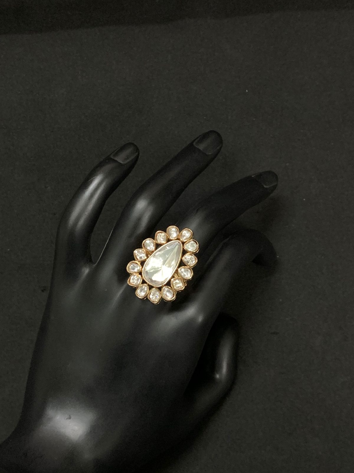 Pear Polki Kundan Ring | Gold Halo Uncut Diamond Cocktail Ring