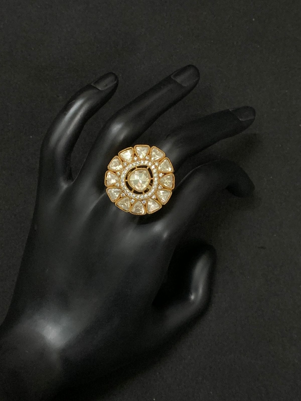 Premium Moissanite Polki Kundan Adjustable Ring | Sunflower Cocktail Ring