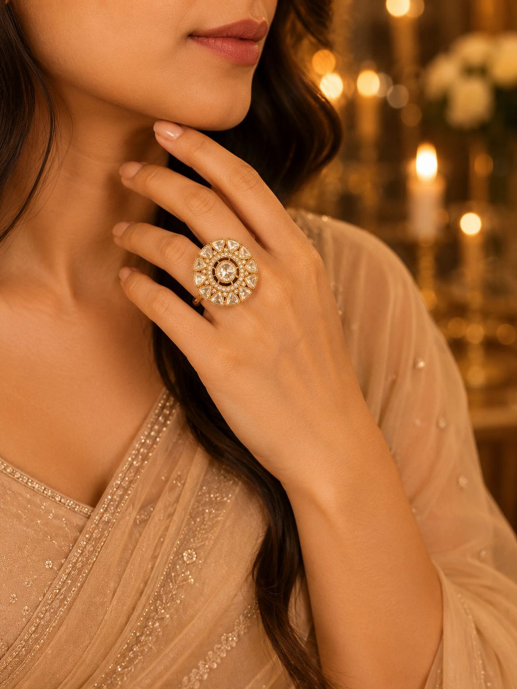 Premium Moissanite Polki Kundan Adjustable Ring | Sunflower Cocktail Ring