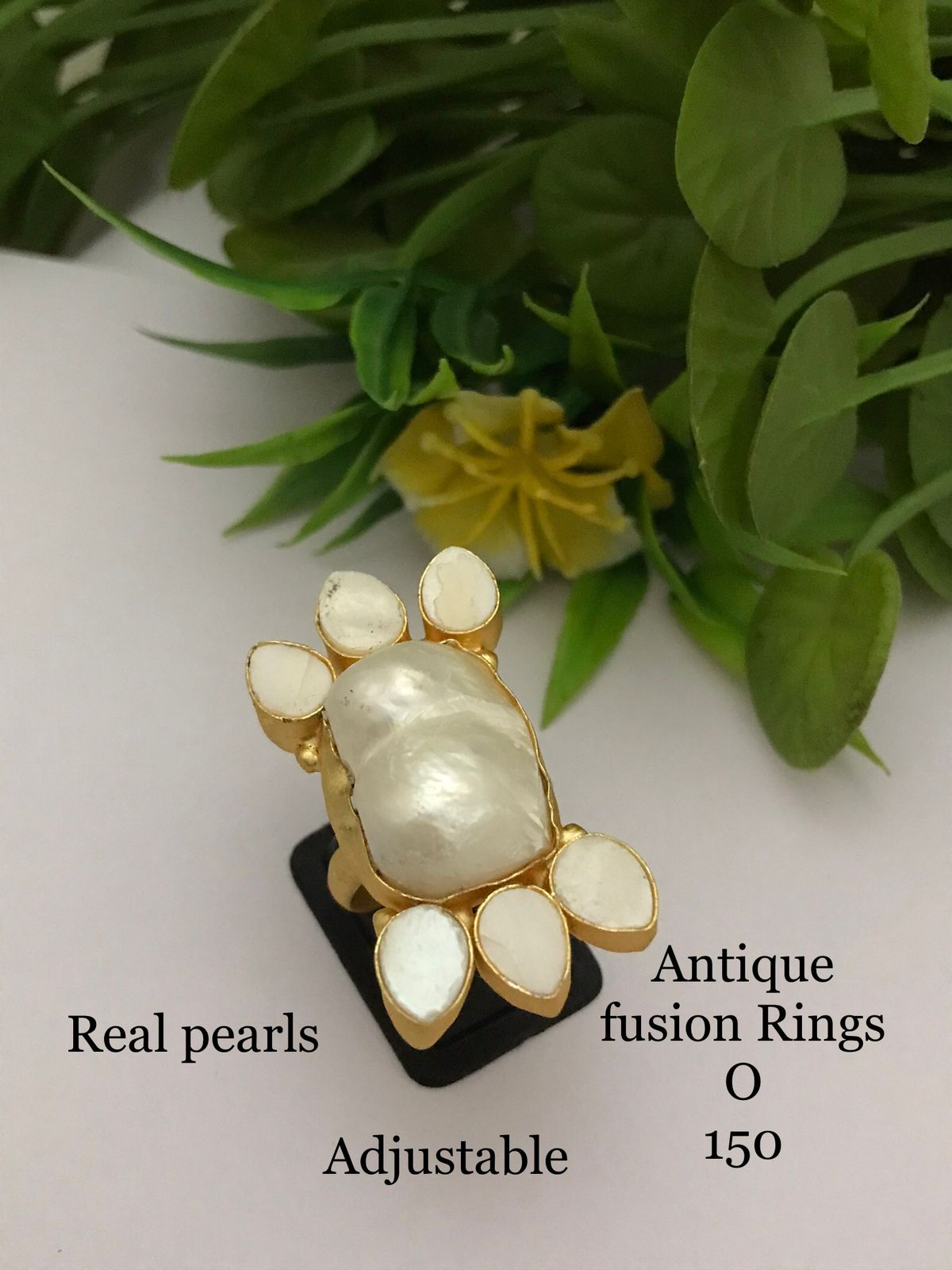 Real Mixed Round & Teardrop Pearl Fusion Ring - Adjustable - Gold Plated