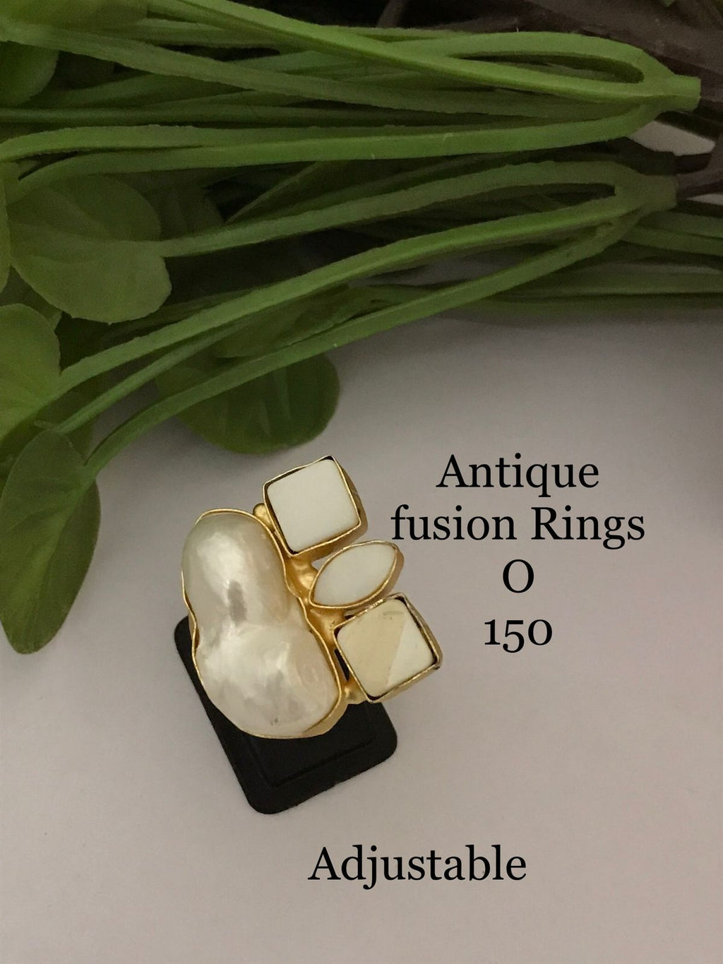 Real Square & Oval Pearl Fusion Ring - Adjustable - Gold Plated