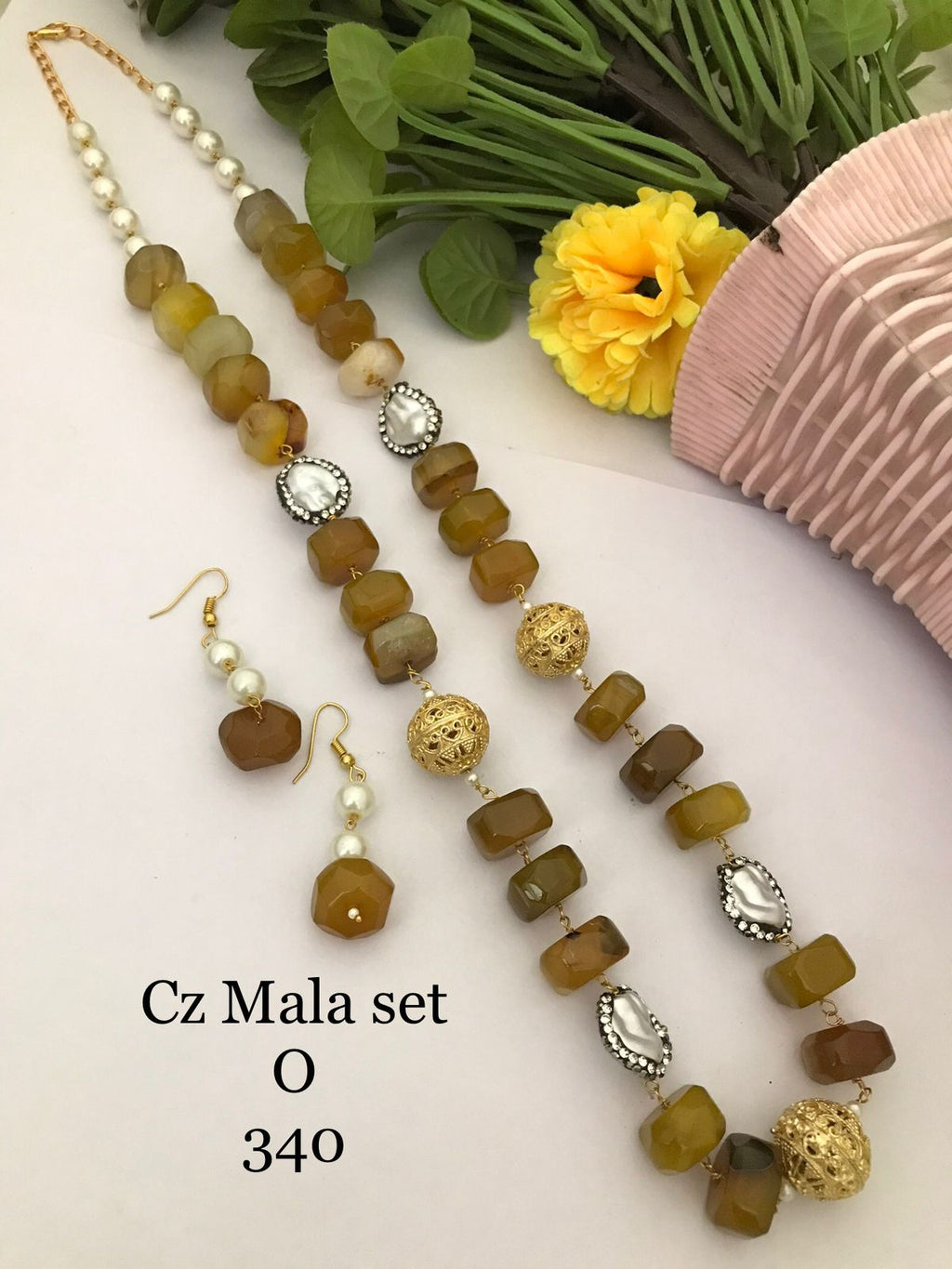 CZ Mala Set | Natural Quartz & MOP Pearl Beads Necklace Set with Earrings | Multiple Colours