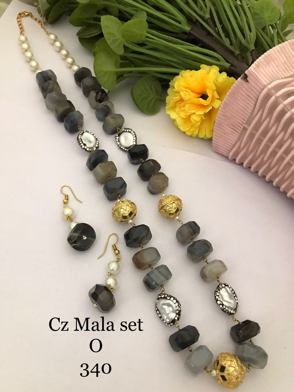 CZ Mala Set | Natural Quartz & MOP Pearl Beads Necklace Set with Earrings | Multiple Colours