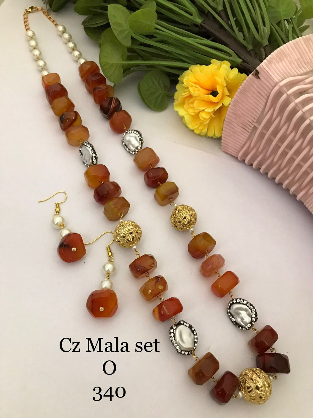 CZ Mala Set | Natural Quartz & MOP Pearl Beads Necklace Set with Earrings | Multiple Colours