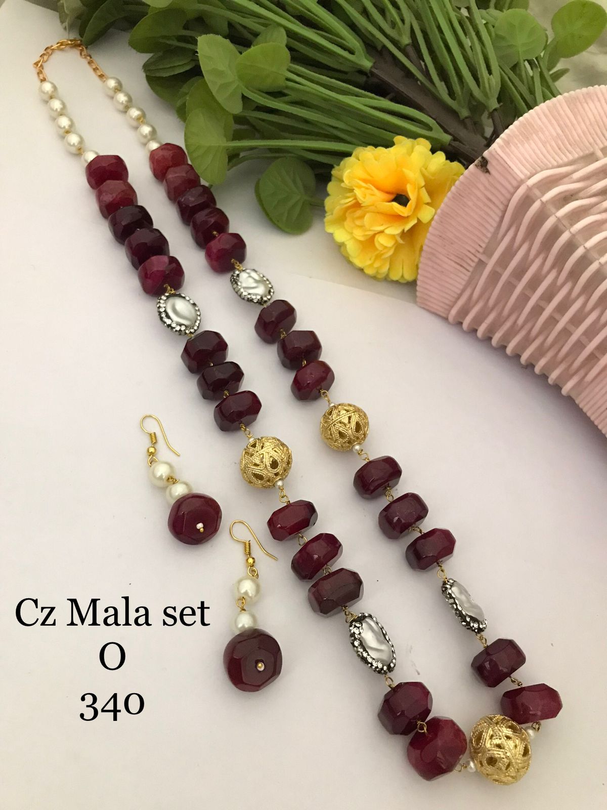 CZ Mala Set | Natural Quartz & MOP Pearl Beads Necklace Set with Earrings | Multiple Colours