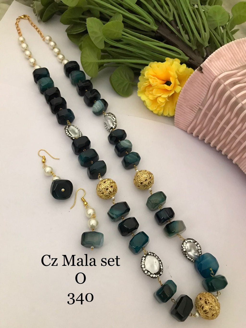 CZ Mala Set | Natural Quartz & MOP Pearl Beads Necklace Set with Earrings | Multiple Colours