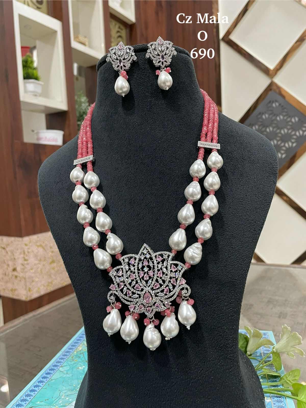 Lotus CZ Pendant Pink Onyx & Shell Pearl Mala Set - 22 Inch - AAA Quality