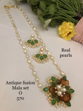 Green & Brown Floral Pendant Real Freshwater Pearl Mala Set - 20-22 Inch - Handmade