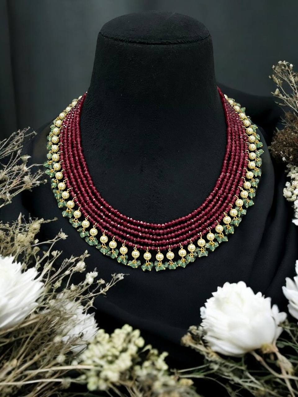Beautiful 5 Layer Onyx Beads & Pearl Mala in Premium Colours