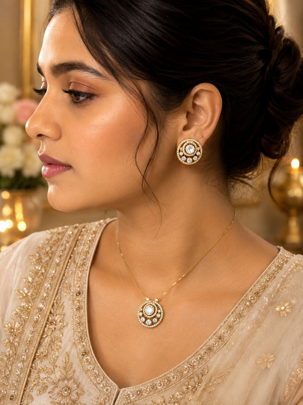 Premium Polki Kundan Antique Gold Polish Round Pendant & Earring Set