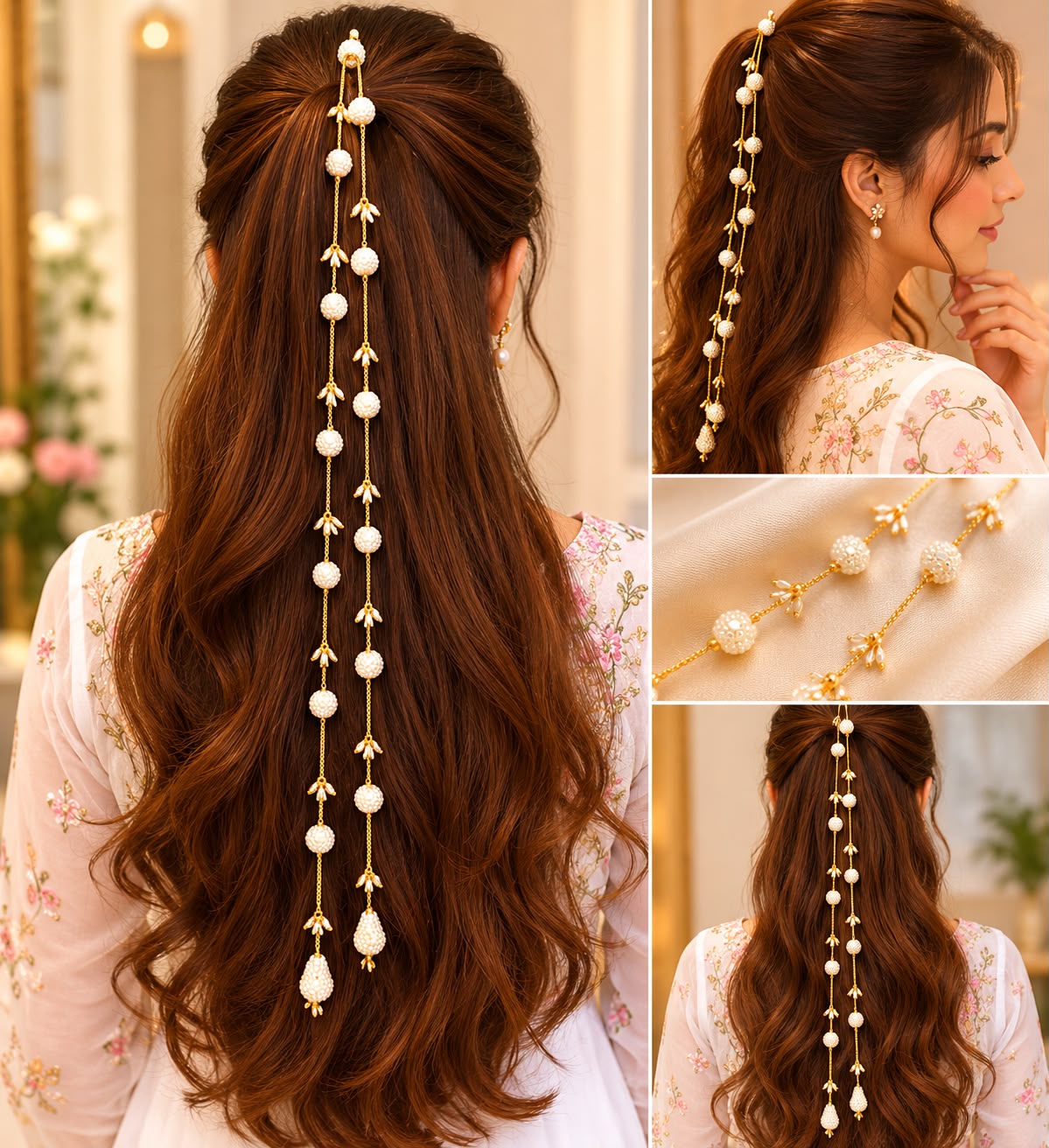 Beautiful Pearl & Gold Bridal Hair Chain Latkaan — Choti Decoration