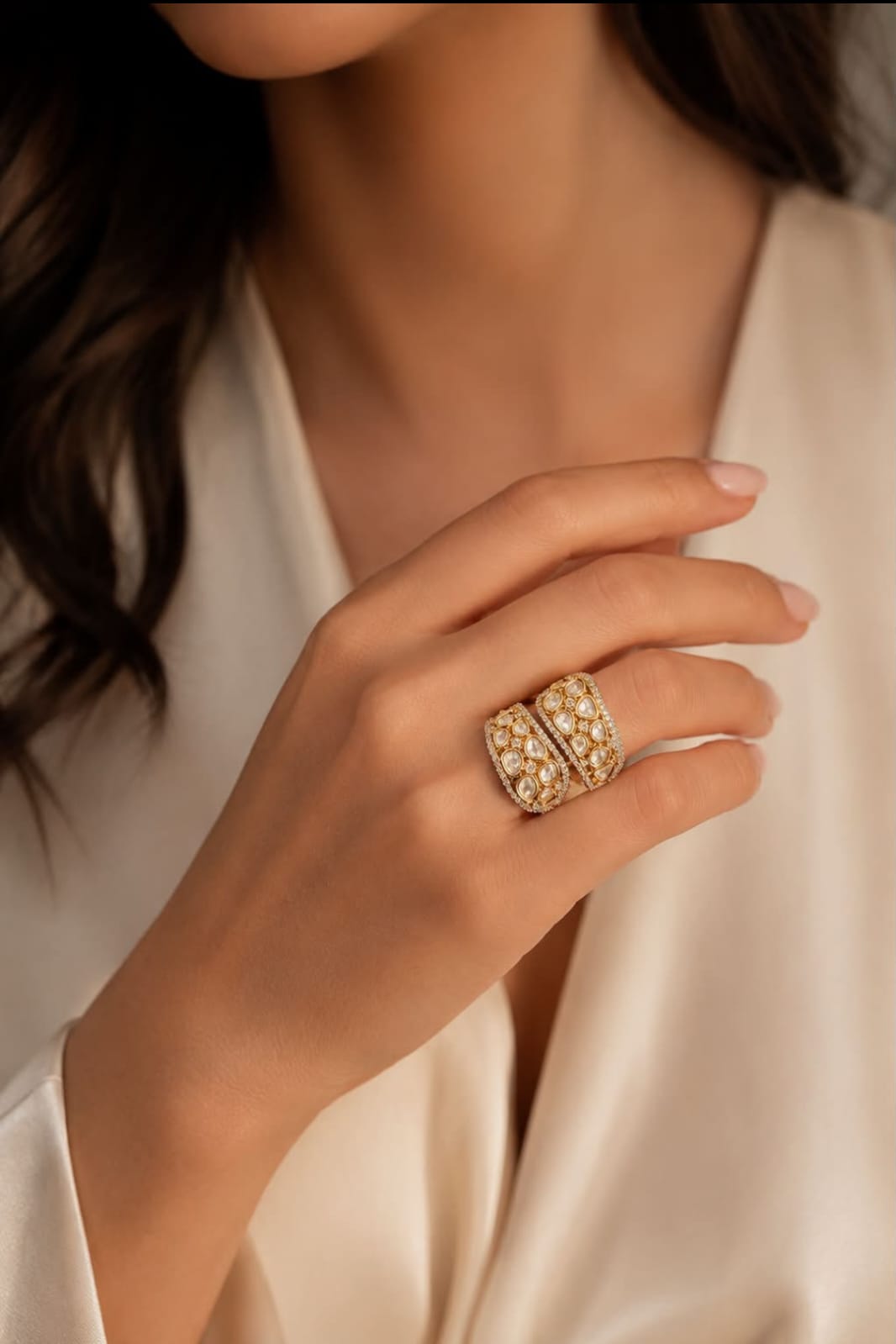 Premium Polki Kundan Moissanite Bypass Ring | Adjustable | Gold Polish