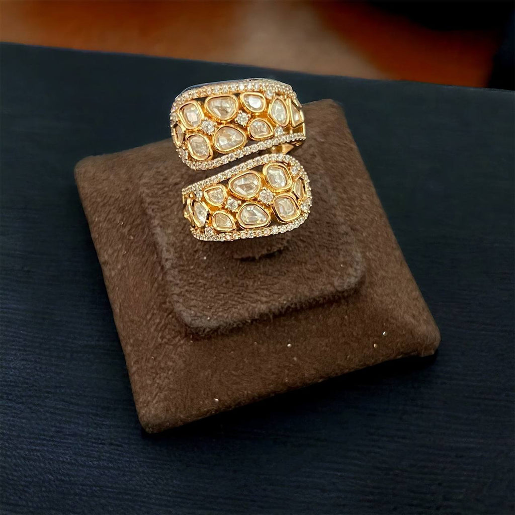 Premium Polki Kundan Moissanite Bypass Ring | Adjustable | Gold Polish