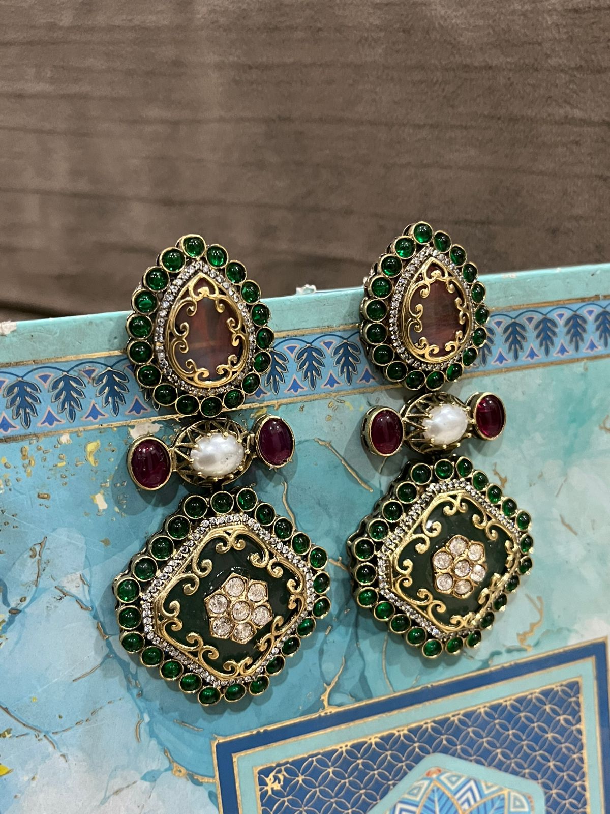 Premium Polki Kundan Meenakari Earrings with Semi Precious Stones | Gold Polish
