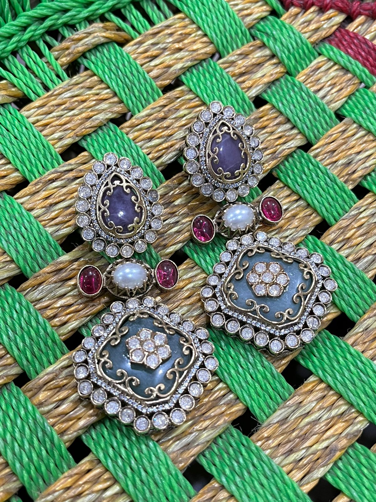 Premium Polki Kundan Meenakari Earrings with Semi Precious Stones | Gold Polish