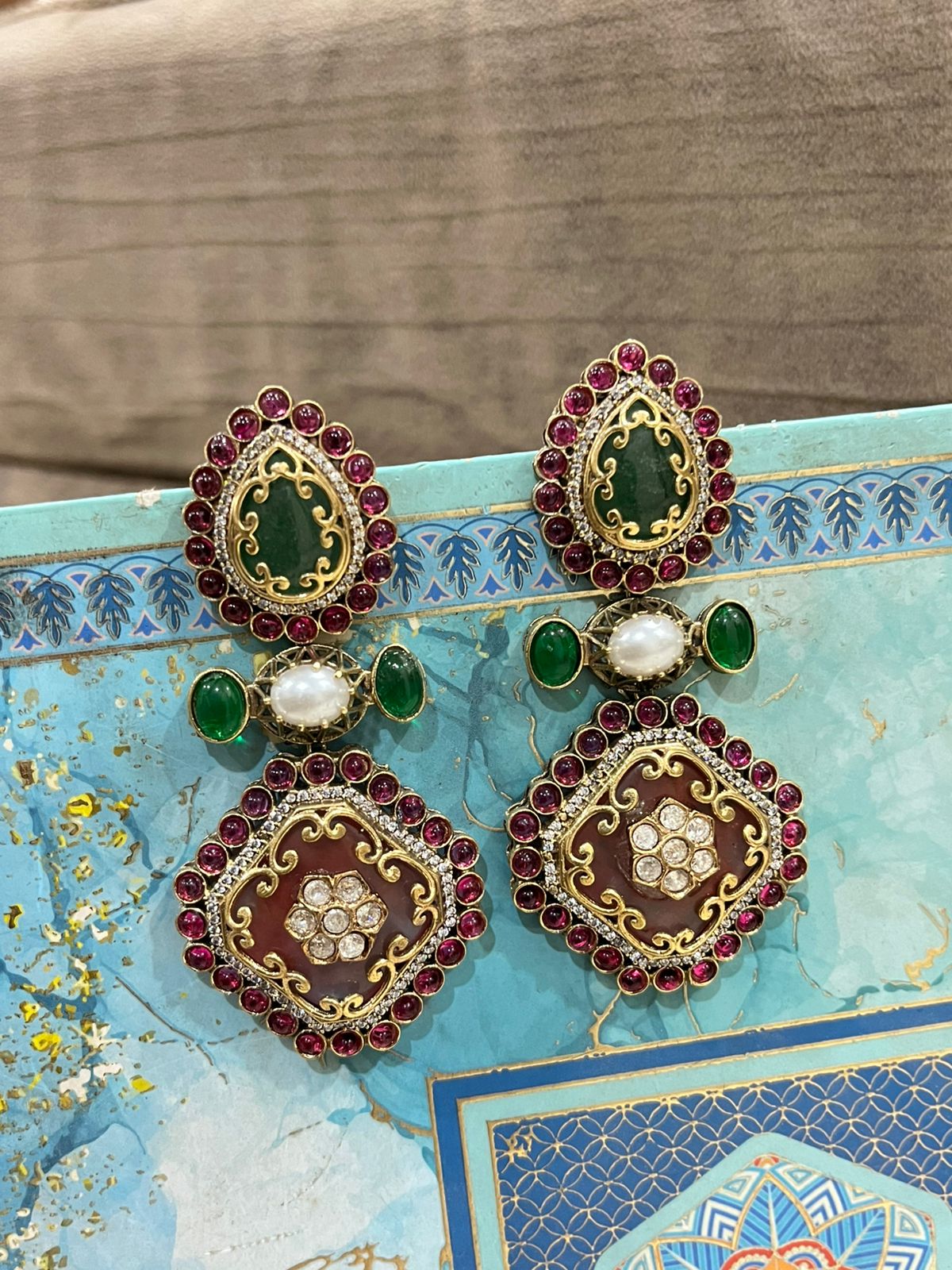 Premium Polki Kundan Meenakari Earrings with Semi Precious Stones | Gold Polish