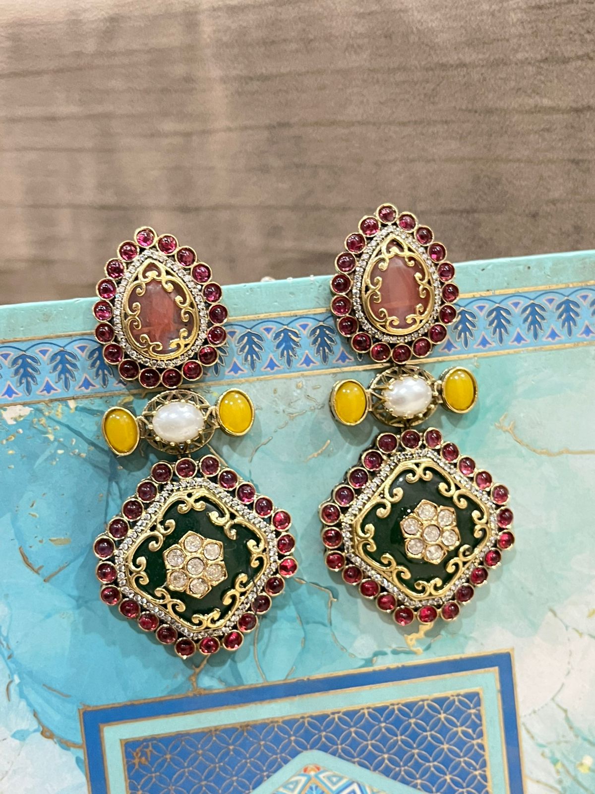 Premium Polki Kundan Meenakari Earrings with Semi Precious Stones | Gold Polish