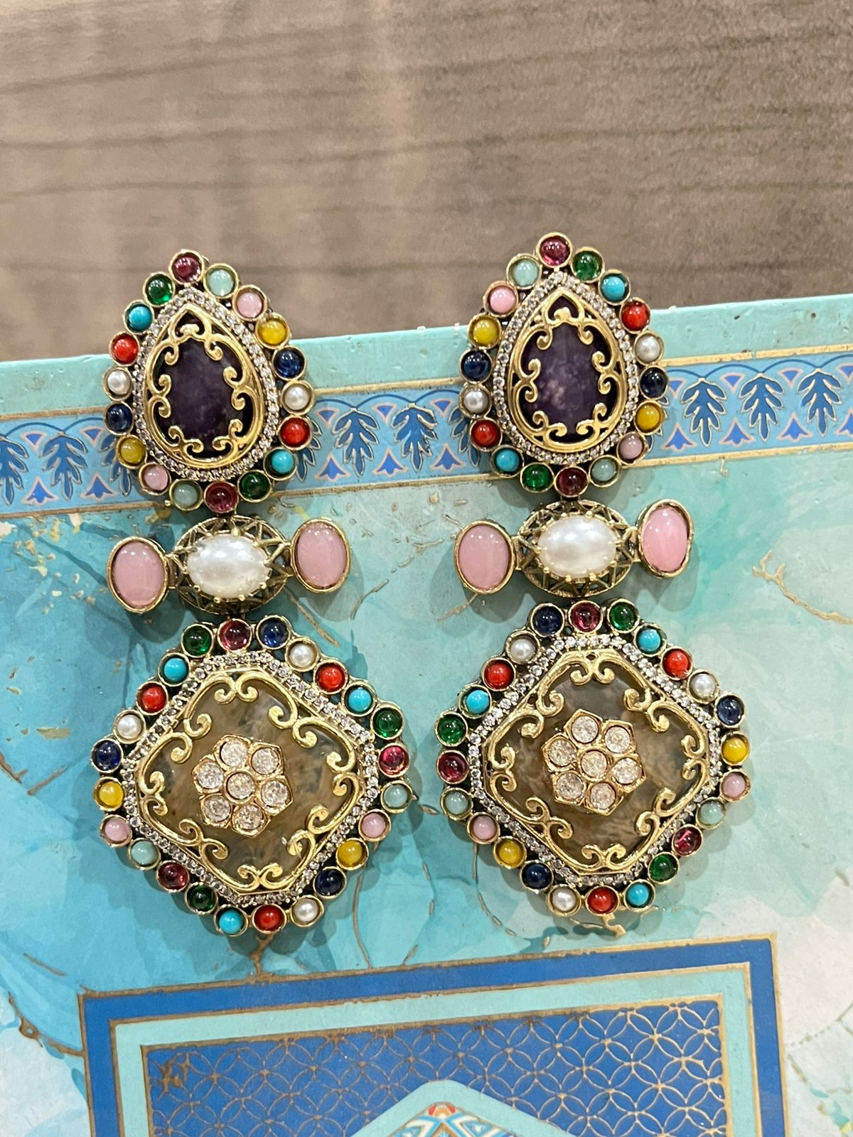 Premium Polki Kundan Meenakari Earrings with Semi Precious Stones | Gold Polish