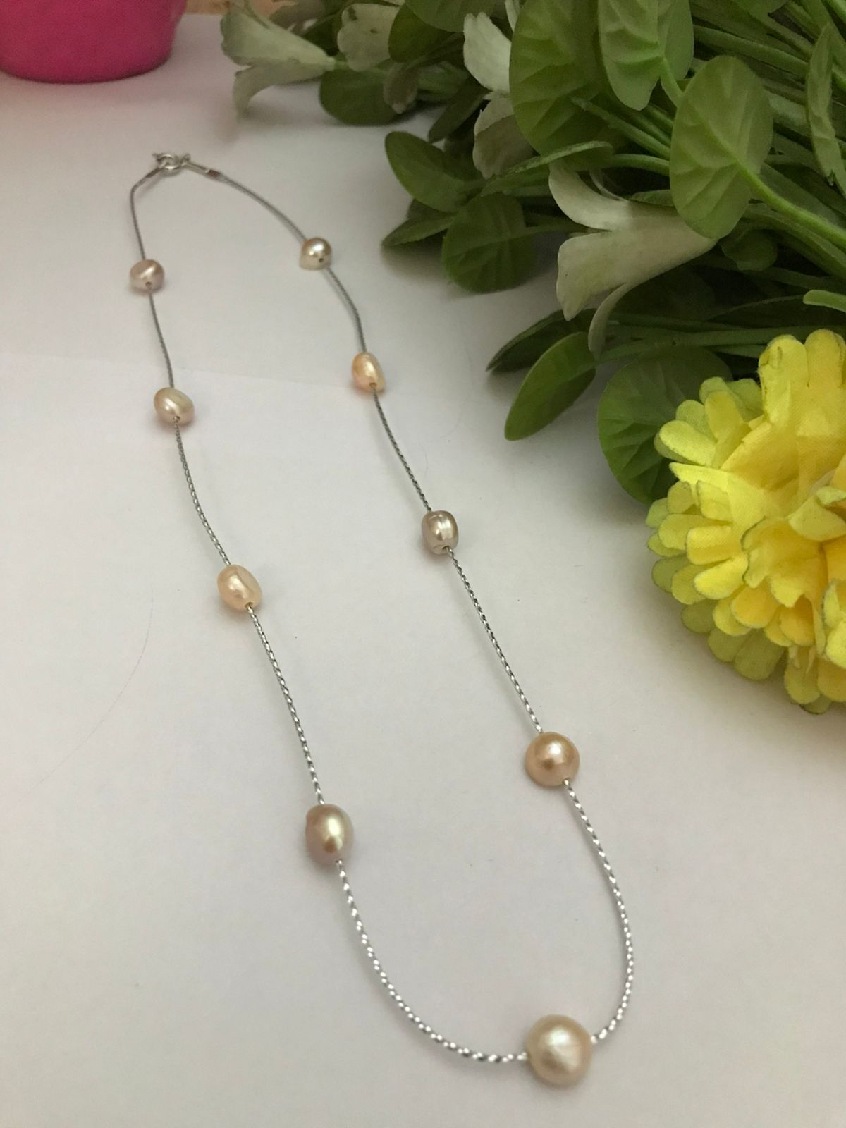 Real Freshwater Baroque Pearl Station Necklace | Silver Chain