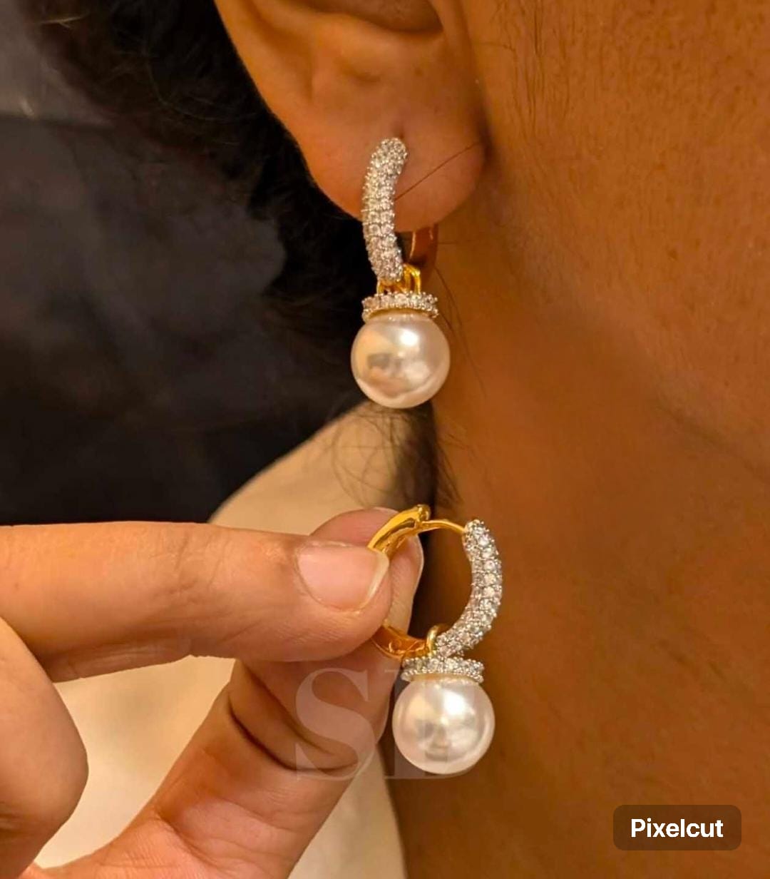 CZ Pearl Drop Bali Earrings | Gold Huggie Hoops with Pearl Pendant