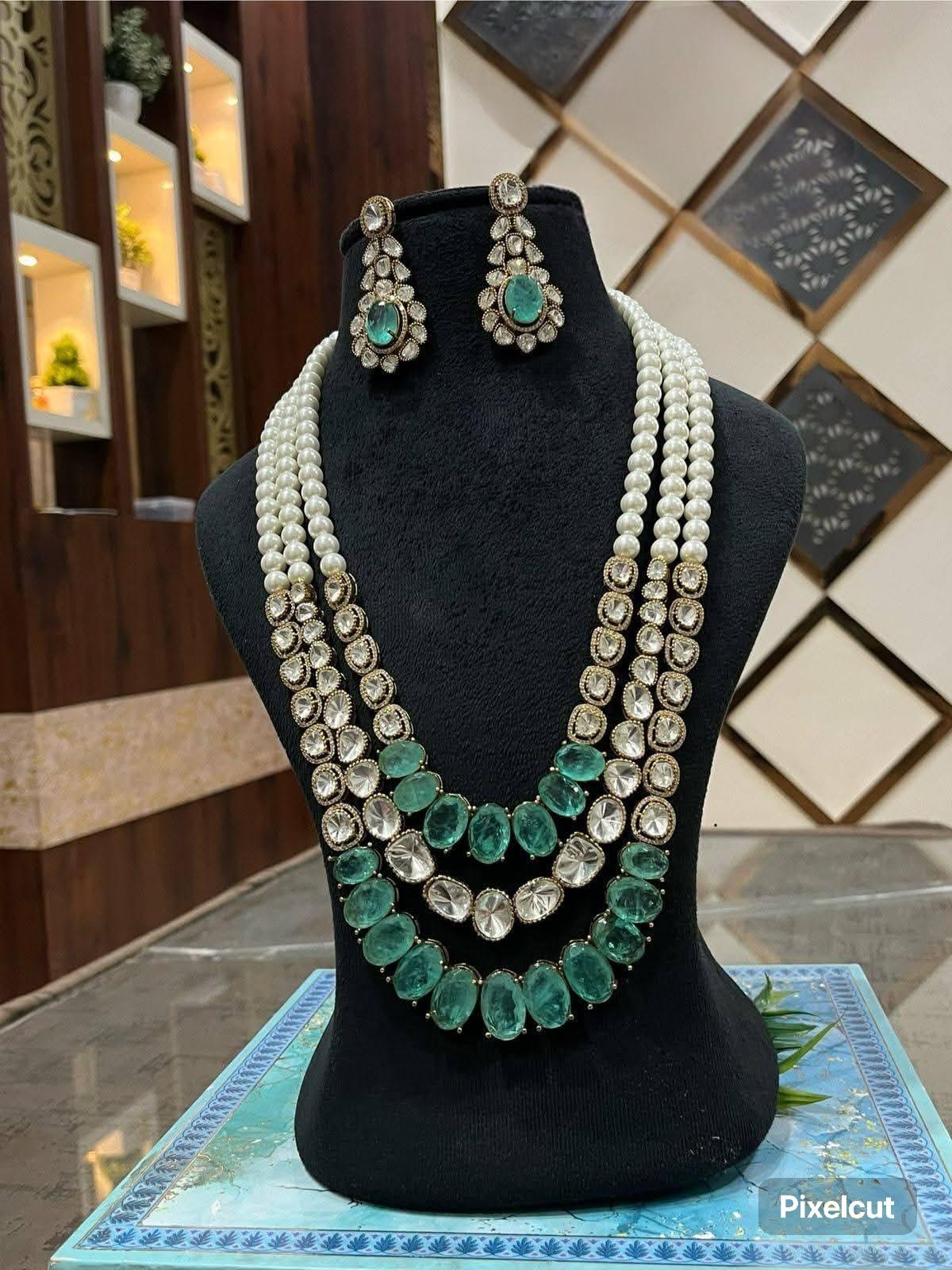Polki Kundan Doublet 3 Layer Necklace Set with Earrings | Emerald Green CZ | Pearl Bridal Jewelry