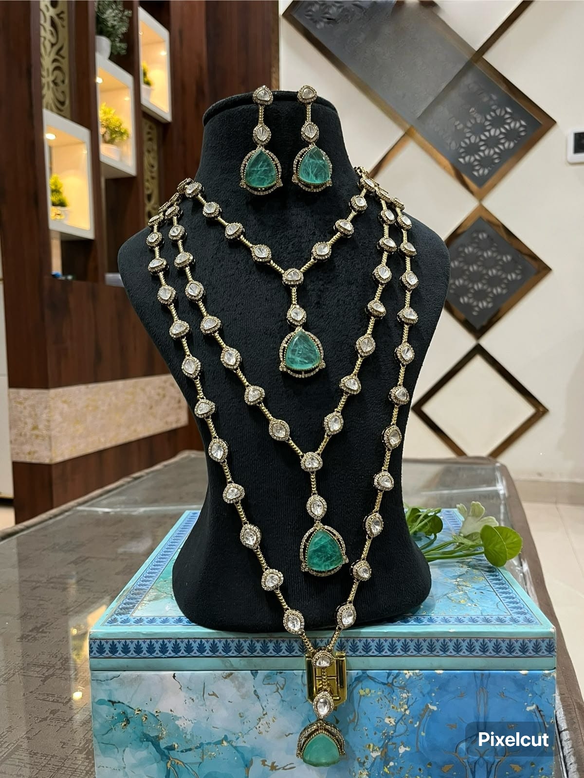 Beautiful Polki Kundan Doublet 3 Layer Long Necklace Set with Earrings | Carved CZ Emerald Green | Indian Bridal Jewelry