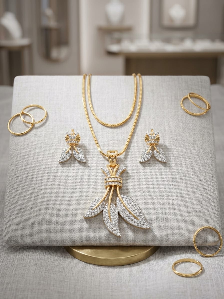 Leaflet Charm Diamond Pendant Set with Earrings
