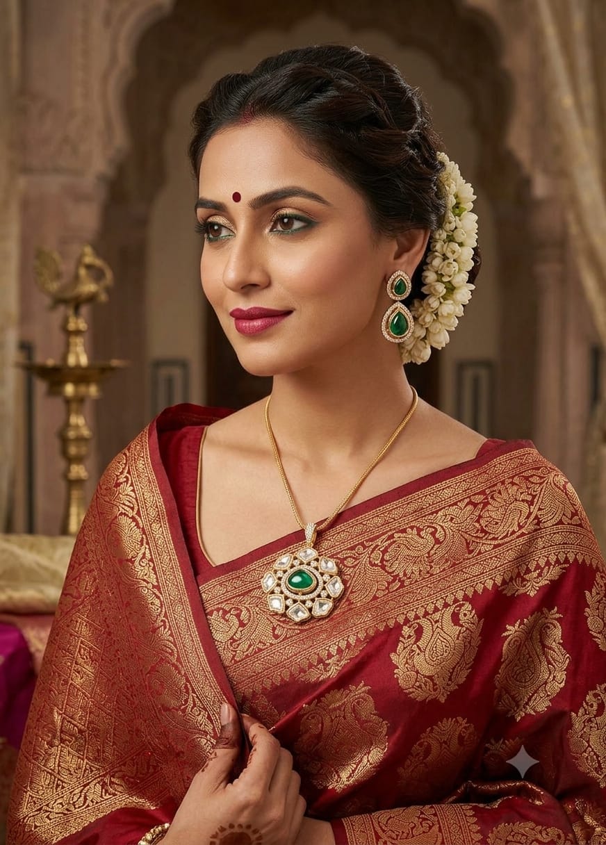 Royal Kundan & Emerald Stone Pendant Set with Matching Earrings