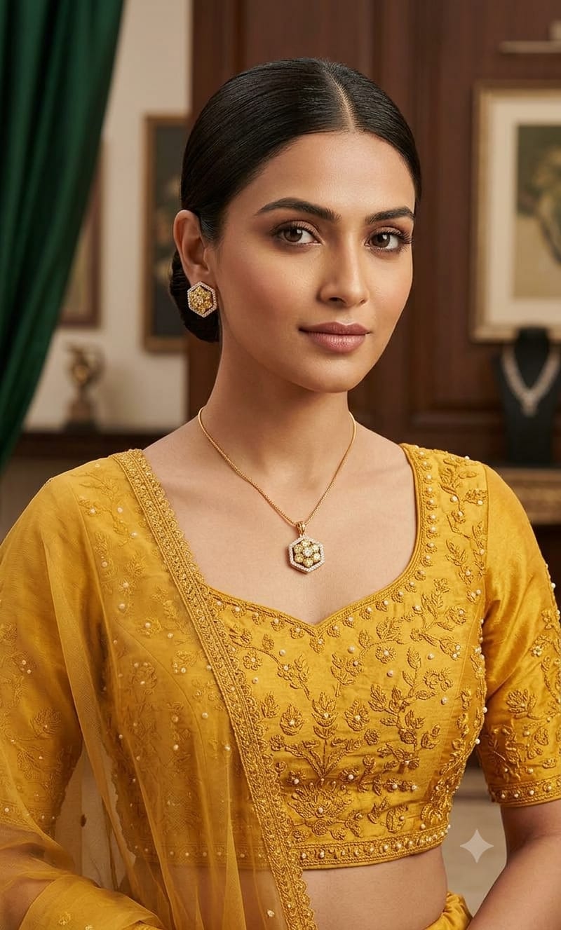 Radiant Yellow & White Stone Hexagonal Cluster Pendant Set with Matching Earrings