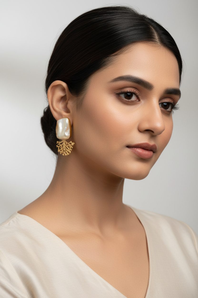 Ocean Branch Pearl Matte Gold Earrings