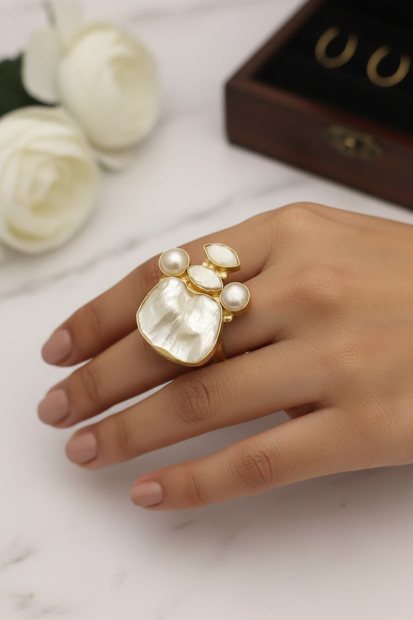Baroque Real Pearl & Round Pearl Fusion Ring - Adjustable - Gold Plated