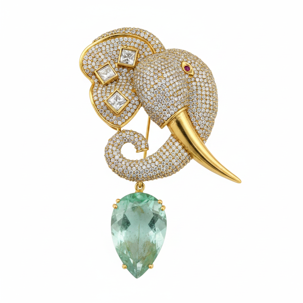 Premium Moissanite Polki Kundan Elephant Brooch with Doublet Stone Drop