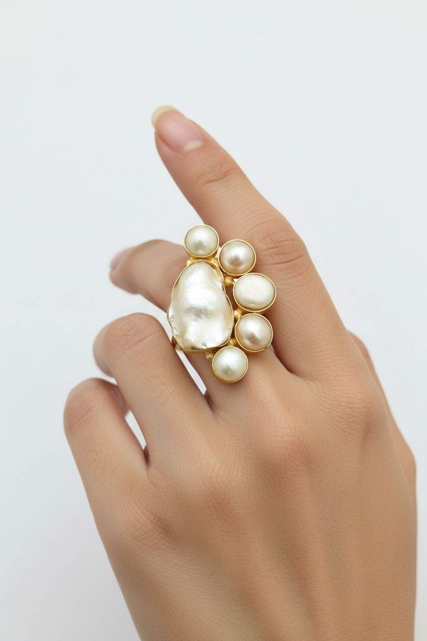 Antique Fusion Pearl Ring - Adjustable Gold Plated Ring with Real Pearls