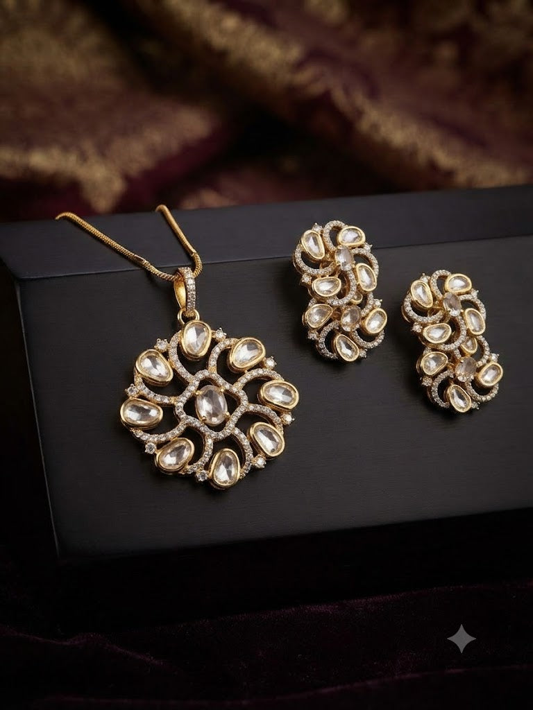Royal Designer Polki & Diamond-Accented Spiral Pendant Set with Matching Earrings | Elegant Ethnic Jewelry