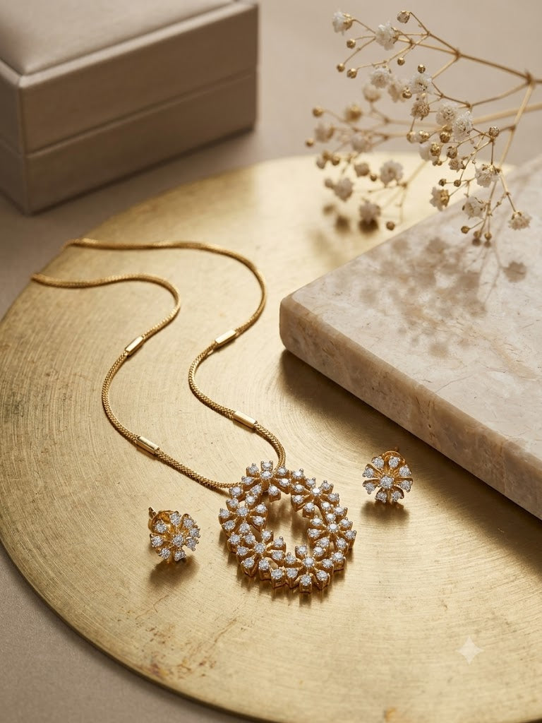 Floral Diamond-Style Pendant & Earrings Set