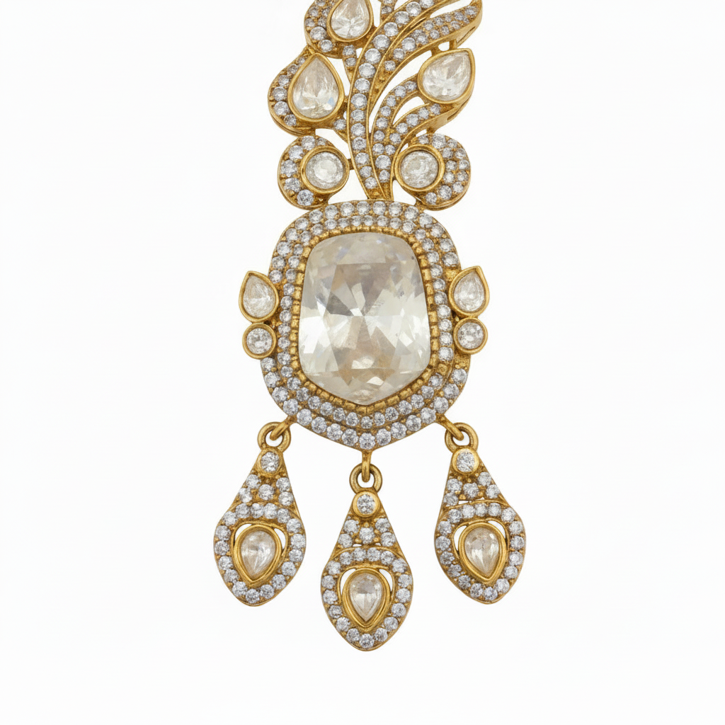 Premium Moissanite Polki Kundan Brooch with Triple Drop