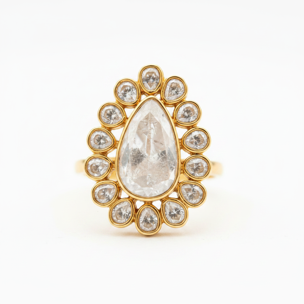 Pear Polki Kundan Ring | Gold Halo Uncut Diamond Cocktail Ring
