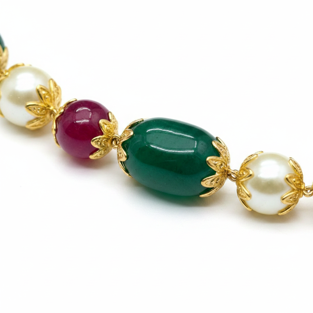 Best Ruby emerald with pearl double line mala with rajwadi look caps