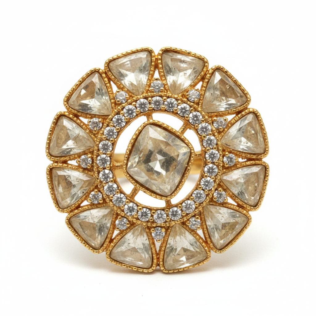 Premium Moissanite Polki Kundan Adjustable Ring | Sunflower Cocktail Ring