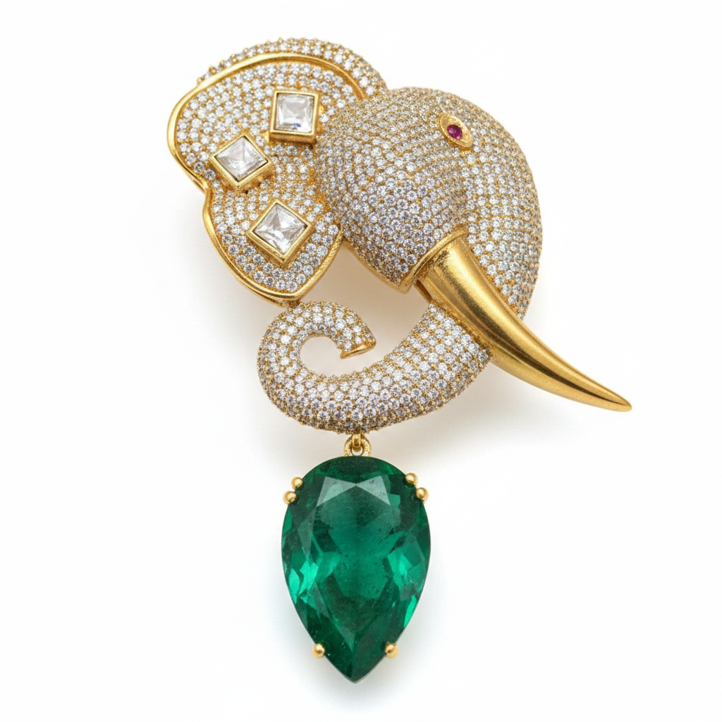 Premium Moissanite Polki Kundan Elephant Brooch with Doublet Stone Drop