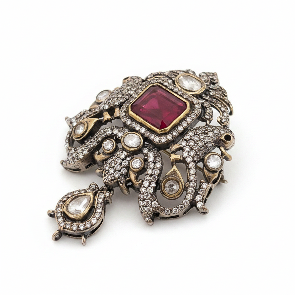 Premium Antique Polish Polki Kundan Brooch with Ruby Centre & Drop