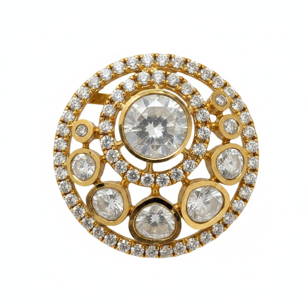 Premium Polki Kundan Antique Gold Polish Round Pendant & Earring Set