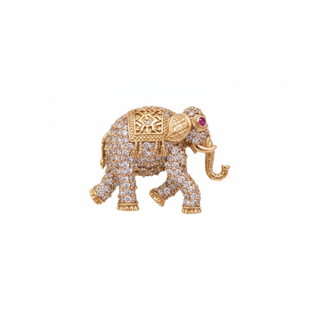 Beautiful Elephant Design Victorian Polish CZ Brooch with Ruby Eye