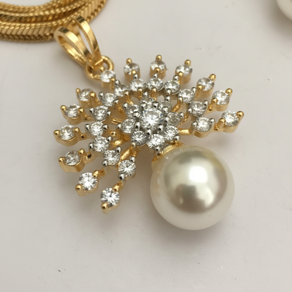 Diamond Look CZ Pendant Necklace Set with Pipe Chain | Gold Polish