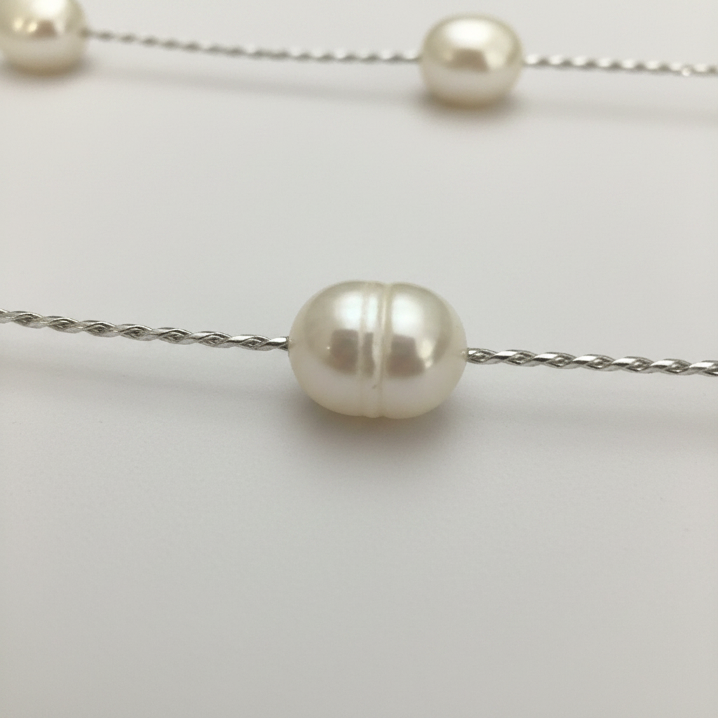 Real Freshwater Baroque Pearl Station Necklace | Silver Chain